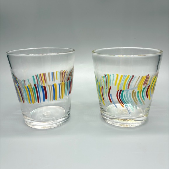Set 2 Murano Italian Rocks Glass Colorful Striped Tumbler Juice Whiskey - Picture 1 of 8
